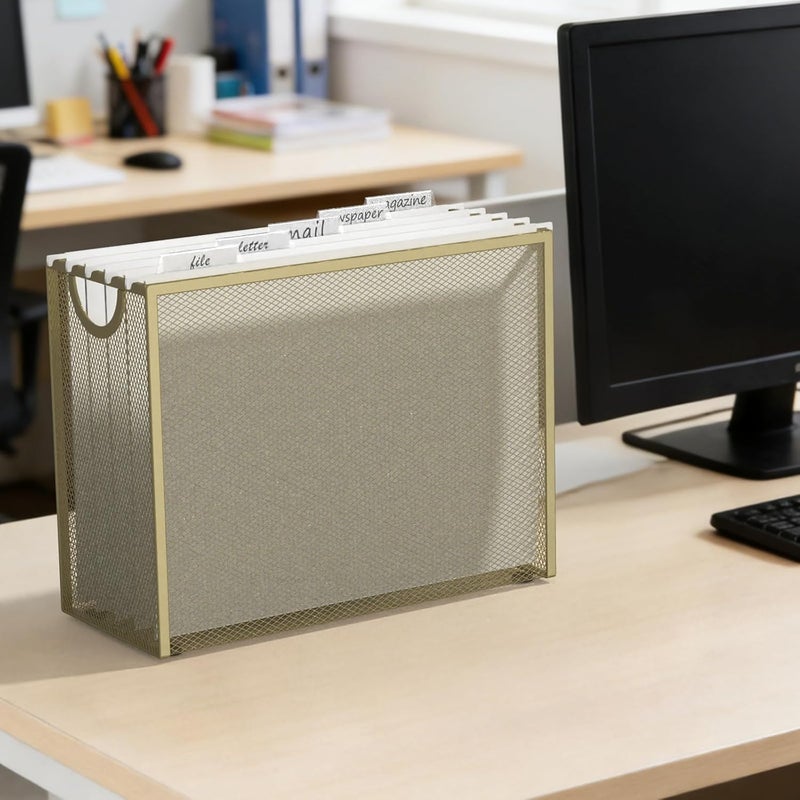Sinboun Hanging File Organizer Letter-Size File Holder Filing Box Includes 5 Hanging Folders - Metal Mesh Magazine Letter Storage Cabinets File Cart for Office Home School, No Assembly Required Gold - Image 4